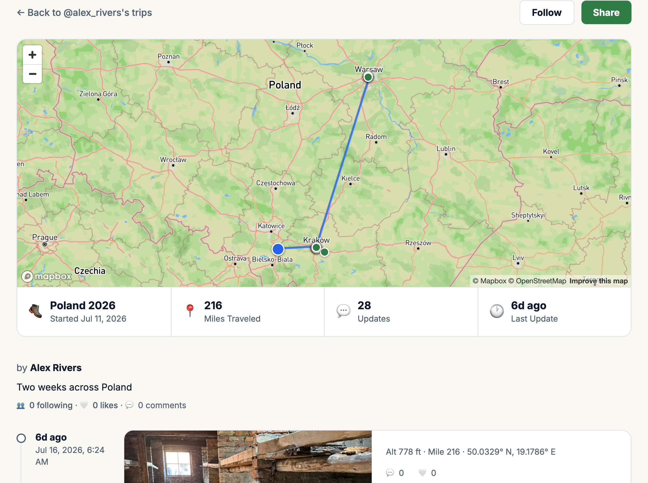 A SatJourney trip page: live route map, stats, and photo updates